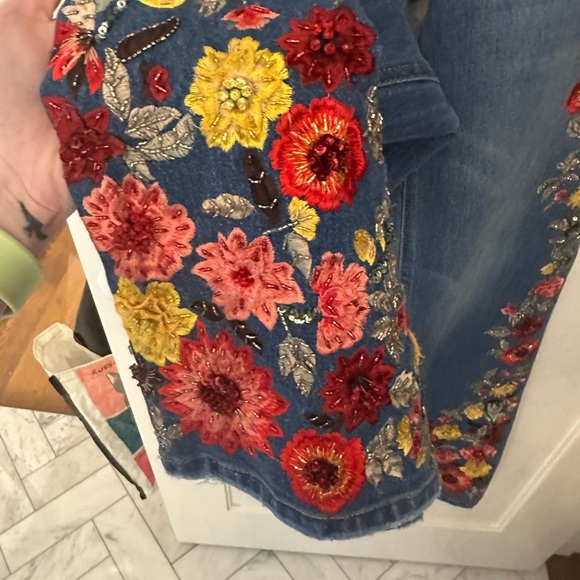 Alice + Olivia Blue Floral Embroidered Flare Jeans - Picture 11 of 15